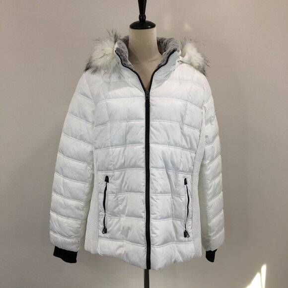 NAUTICA White Black Trim Zip Pockets Removable Fur Hood Puffer Jacket - Picture 5 of 13